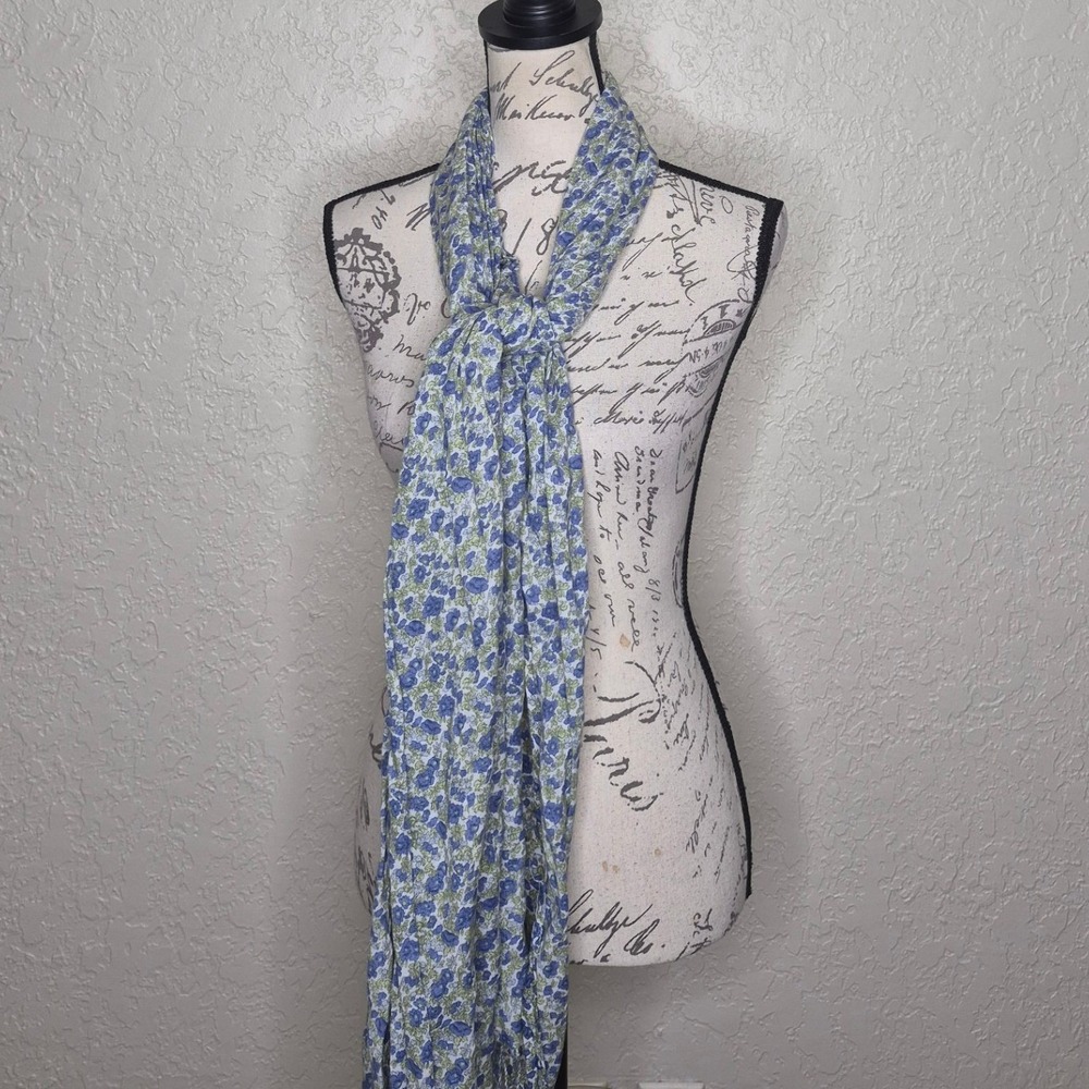Blue Floral Lightweight Scarf Fringed Rectangle Shawl Wrap Green Botanical Print
